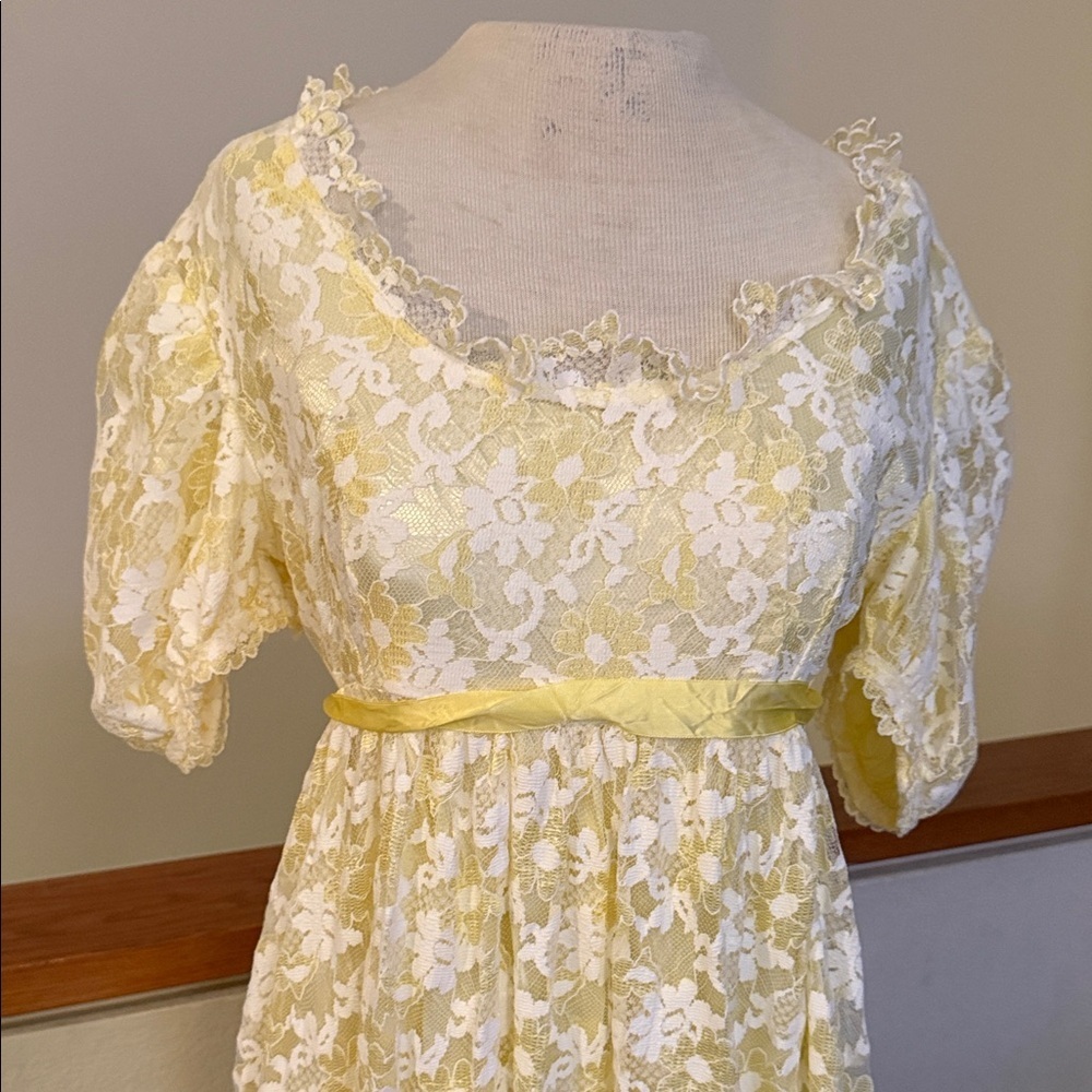 Vintage 1960s Yellow Taffeta Floral Overlay Prom Dress | Puffed Sleeves  Gown - Picture 5 of 16